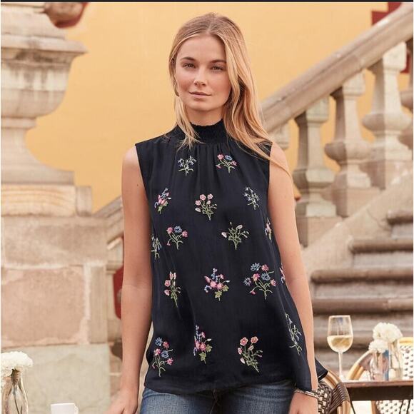 SUNDANCE Blouse XS Altamira Gathered High Neck Floral Embroidered Sleeveless - Picture 13 of 13